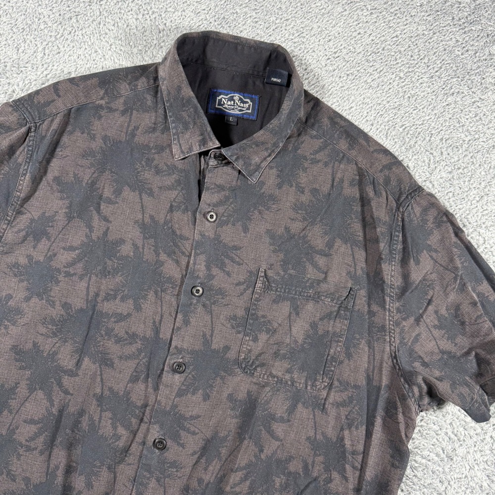 Nat Nast Button Up Shirt Mens Large Grey Silk Cotton Palm Tree Tropical S/S